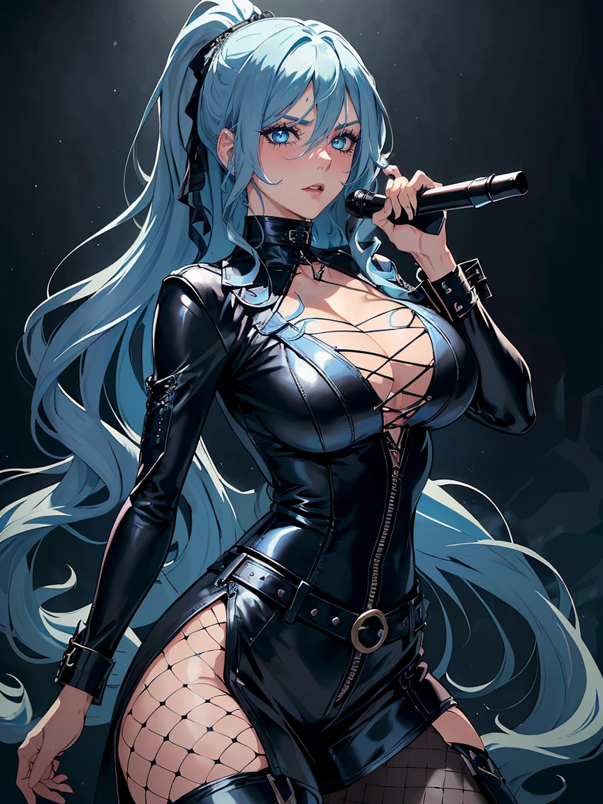 handsome older WOMAN，blue-eyes，blue pupils，Long blue hair，Hyperresolution，accuracy，Detailed rendering，（Subtle facial image）（Image of fine hair）（topquality）（Masterpieces of masters）（High degree of completeness）（A sense of atmosphere）tmasterpiece，Super detailed and super detailed（half-body portrait), long wavy blue hair, (((tHICK WAVY HAIR)))(((ANKLE LENGTH HAIR)))(((Blushing)))(((Huge breasts)))(((LARGER BREASTS))) large breasts, bigger breasts (((Bigger breasts))) (((Blushing))) (((Sakimichan))) (((blue hair))) (((black Rockstar outfit))) (((Leather black outfit))) (((Rockstar)))(((Fishnet tights)))(((cASUAL ROCK OUTFIT))) (((gRUNGE OUTFIT))) (((rOCK MAKEUP))) (((sINGING))) (((bLACK LEATHER OUTFIT))) (((bLACK EYELINER)))(((Fierce expression))) (((Focused))) (((Hair in a long ponytail))) (((Ponytail))) (((Sexy latex outfit)))(((Elf ears)))