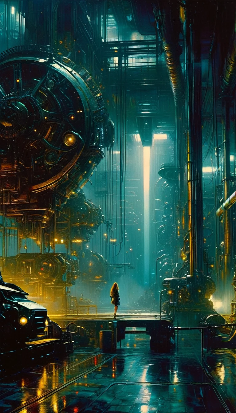 (highly detailed,cinematic lighting,dramatic colors,intricate machinery,futuristic technology,epic scale,moody atmosphere,sexy girl in scene, dark and gritty,masterpiece,best quality,8k,photorealistic,professional) (art inspired in Bill Sienkiewicz). oil painting)
