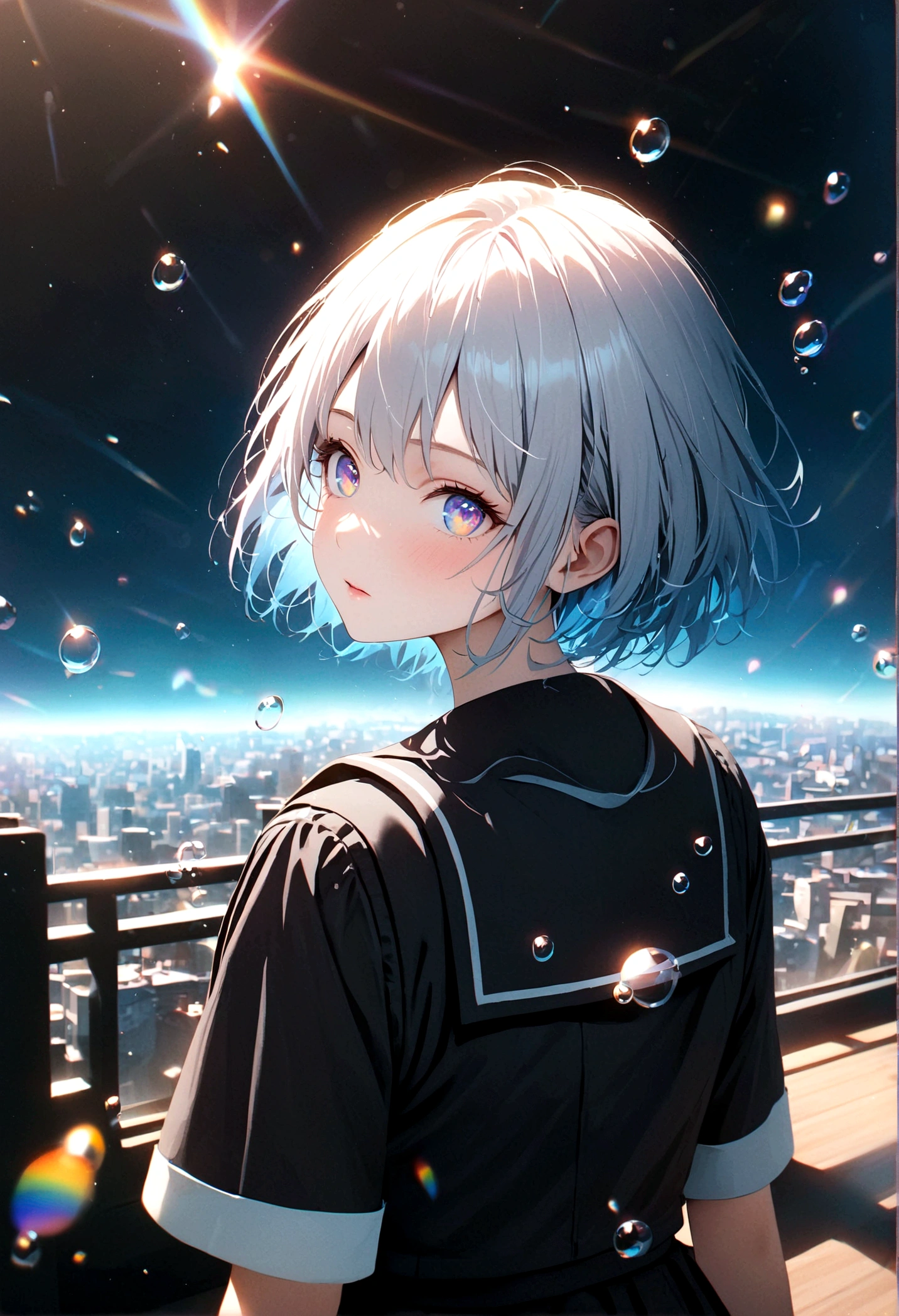 (female\(Student, age 15, JK, short hair, silver hair, by the floating, cosmic colored eyes, black sailor uniform\(From high school\), pale skin, tired face, no shine in the eyes\) is looking at the sky), (so many colorful fish swim in the air), beautiful sky, beautiful clouds, colorful summer flowers bloom here and there, (Crystalline bubbles shine like prisms here and there in the sky), the noon moon and the noon stars in the sky, female is at messy downtown, BREAK ,quality\(8k,extremely detailed CG unit wallpaper, masterpiece,high resolution,top-quality,top-quality real texture skin,hyperrealistic,increase resolution,RAW Photos,la mejor quality,Very detailed,The wallpaper,cinematic lighting,ray trace,golden ratio\),(long shot),plano general,