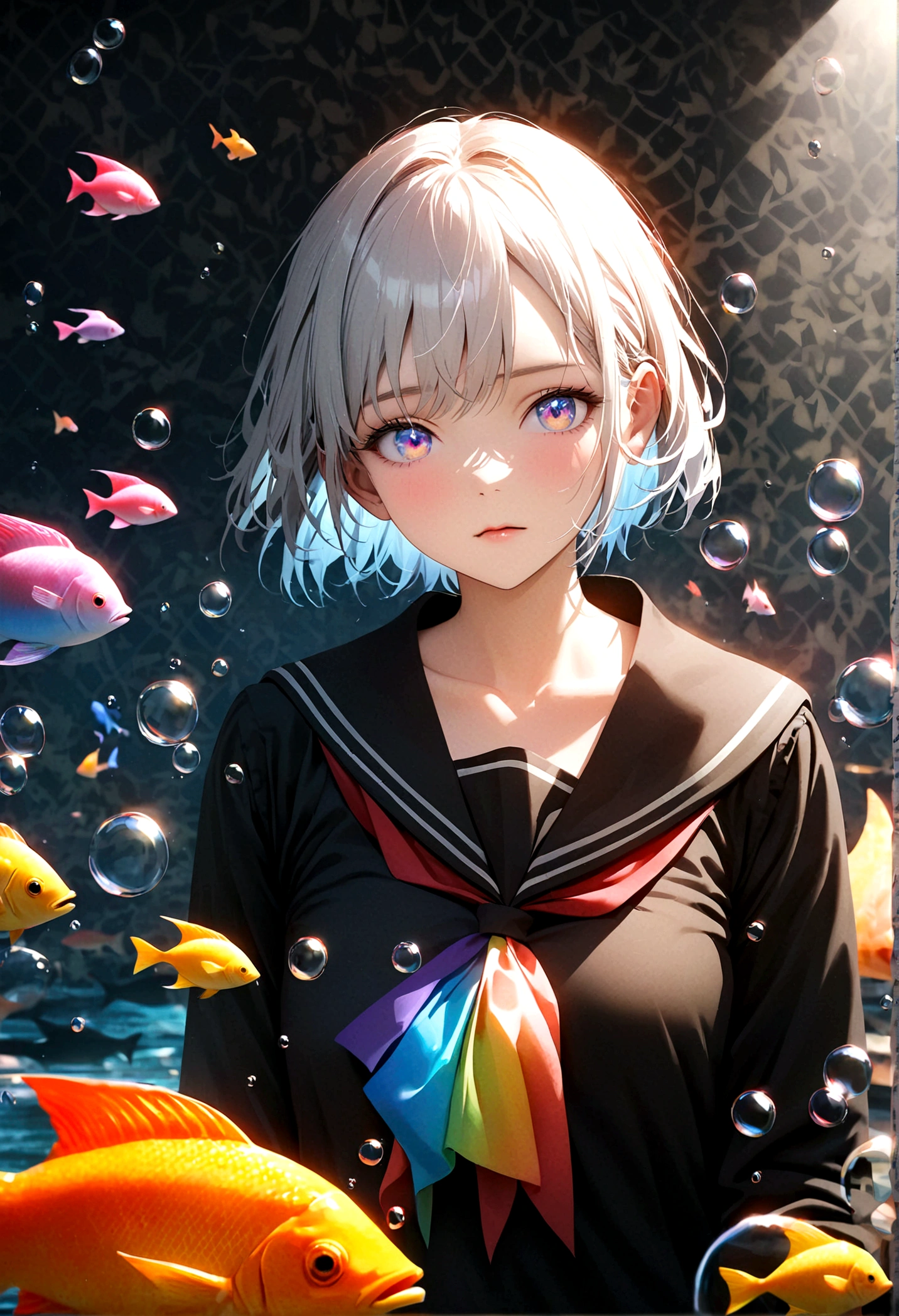 (female\(Student, age 15, JK, short hair, silver hair, by the floating, cosmic colored eyes, black sailor uniform\(From high school\), pale skin, tired face, no shine in the eyes\) is looking at the sky), (so many colorful fish swim in the air), beautiful sky, beautiful clouds, colorful summer flowers bloom here and there, (Crystalline bubbles shine like prisms here and there in the sky), the noon moon and the noon stars in the sky, female is at messy downtown, BREAK ,quality\(8k,extremely detailed CG unit wallpaper, masterpiece,high resolution,top-quality,top-quality real texture skin,hyperrealistic,increase resolution,RAW Photos,la mejor quality,Very detailed,The wallpaper,cinematic lighting,ray trace,golden ratio\),(long shot),plano general,