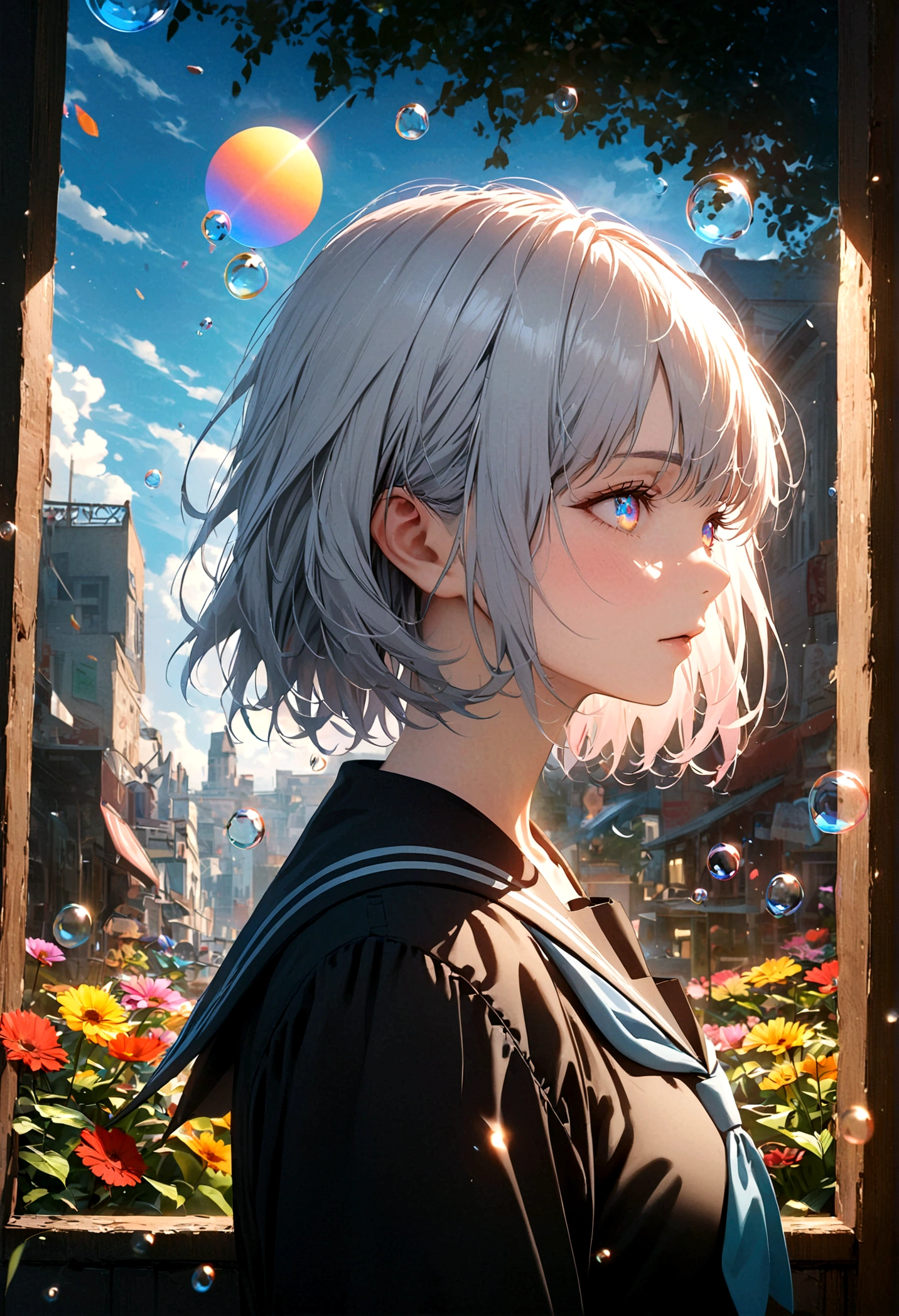 (female\(Student, age 15, JK, short hair, silver hair, by the floating, cosmic colored eyes, black sailor uniform\(From high school\), pale skin, tired face, no shine in the eyes\) is looking at the sky), (so many colorful fish swim in the air), beautiful sky, beautiful clouds, colorful summer flowers bloom here and there, (Crystalline bubbles shine like prisms here and there in the sky), the noon moon and the noon stars in the sky, female is at messy downtown, BREAK ,quality\(8k,extremely detailed CG unit wallpaper, masterpiece,high resolution,top-quality,top-quality real texture skin,hyperrealistic,increase resolution,RAW Photos,la mejor quality,Very detailed,The wallpaper,cinematic lighting,ray trace,golden ratio\),(long shot),plano general,