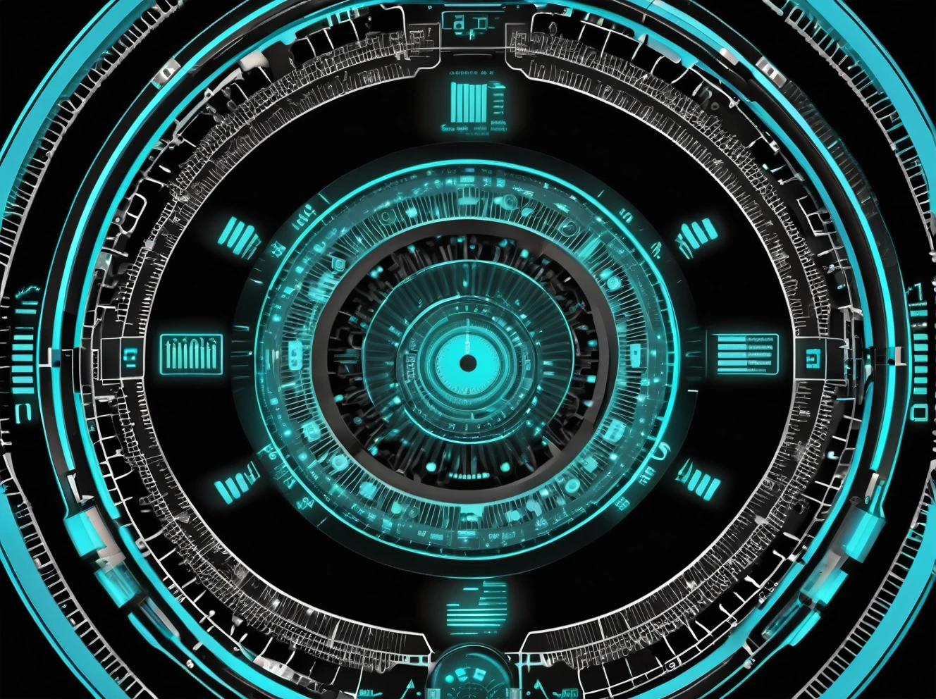 Generate a futuristic sci-fi HUD (Heads-Up Display) element. The HUD should have a circular design with glowing cyan lines and shapes on a black background. The design should feature concentric circles, various geometric patterns, and dynamic segments, with elements that resemble rotating gears, radar screens, or intricate technological circuits. The overall look should be sleek and modern, evoking a high-tech, digital interface used in advanced spacecraft or high-tech equipment.
