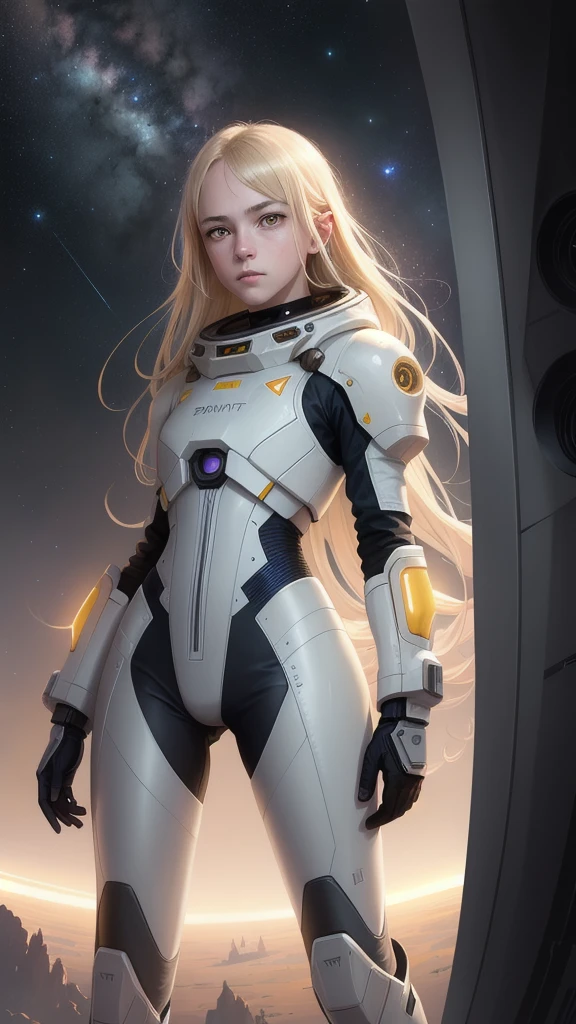(young, 12 years old, blonde hair, photorealistic, pale skin), (yellow (eyes:1.2)), (thin:1.3), (fantasy space suit), pretty face, symmetrical face, Greg Rutkowski, wlop and Sam Kuvshinov, (long hair), blonde eyelashes, big iris, big pupil, full body, standing on cosmodrome background, art station, 8K, science fiction, Pastel colors, props, panel, concept, futuristic, gribble, Simon Stenhag, space , in outer space, a spaceship in the sky, technological blocks