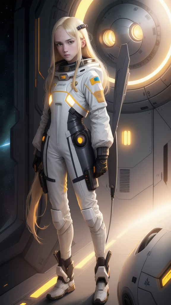 (young, , blonde hair, photorealistic, pale skin), (yellow (eyes:1.2)), (thin:1.3), (fantasy space suit), pretty face, symmetrical face, Greg Rutkowski, wlop and Sam Kuvshinov, (long hair), blonde eyelashes, big iris, big pupil, full body, standing on cosmodrome background, art station, 8K, science fiction, Pastel colors, props, panel, concept, futuristic, gribble, Simon Stenhag, space , in outer space, a spaceship in the sky, technological blocks
