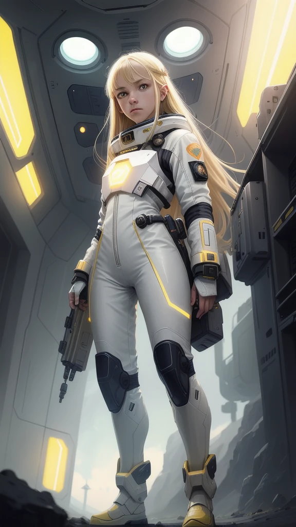 (young, 12 years old, blonde hair, photorealistic, pale skin), (yellow (eyes:1.2)), (thin:1.3), (fantasy space suit), pretty face, symmetrical face, Greg Rutkowski, wlop and Sam Kuvshinov, (long hair), blonde eyelashes, big iris, big pupil, full body, standing on cosmodrome background, art station, 8K, science fiction, Pastel colors, props, panel, concept, futuristic, gribble, Simon Stenhag, space , in outer space, a spaceship in the sky, technological blocks