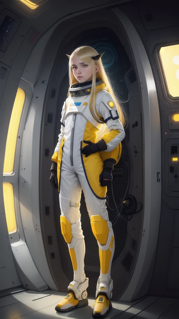 (young, , blonde hair, photorealistic, pale skin), (yellow (eyes:1.2)), (thin:1.3), (fantasy space suit), pretty face, symmetrical face, Greg Rutkowski, wlop and Sam Kuvshinov, (long hair), blonde eyelashes, big iris, big pupil, full body, standing on cosmodrome background, art station, 8K, science fiction, Pastel colors, props, panel, concept, futuristic, gribble, Simon Stenhag, space , in outer space, a spaceship in the sky, technological blocks