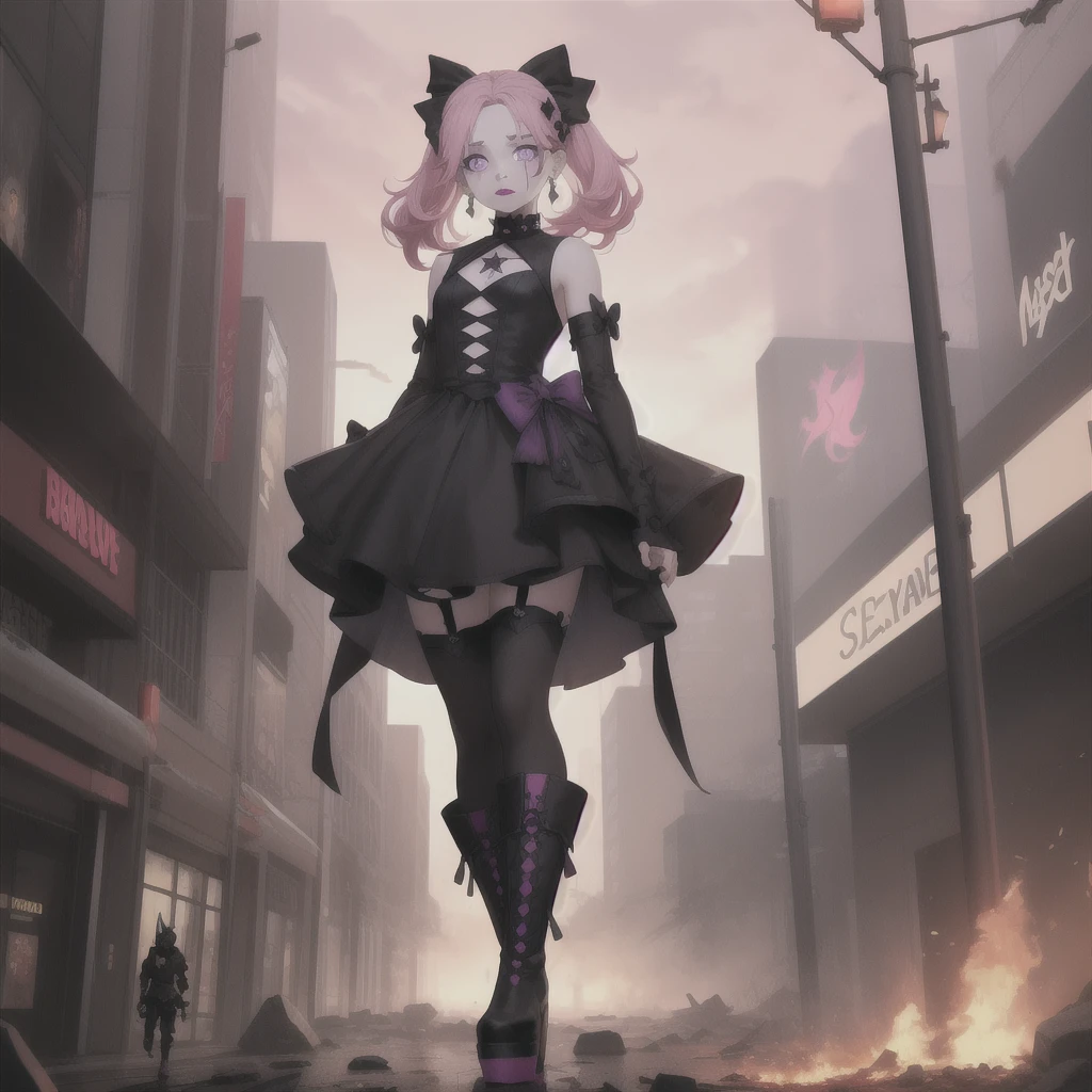 masterpiece, best quality, :/, pink hair, purple eyes, hair bow, scenery, outdoors, rampage, with tiny, tiny people, running away, scared, fire, smoke, red sky, ground view, from below, standing,goth,mall outfit,pentagram earrings,blaxk lipstick,obscured by fog,face obscured, platform boots,fingreless glives,hotopic outfit,secenmo hair style,cute but scary