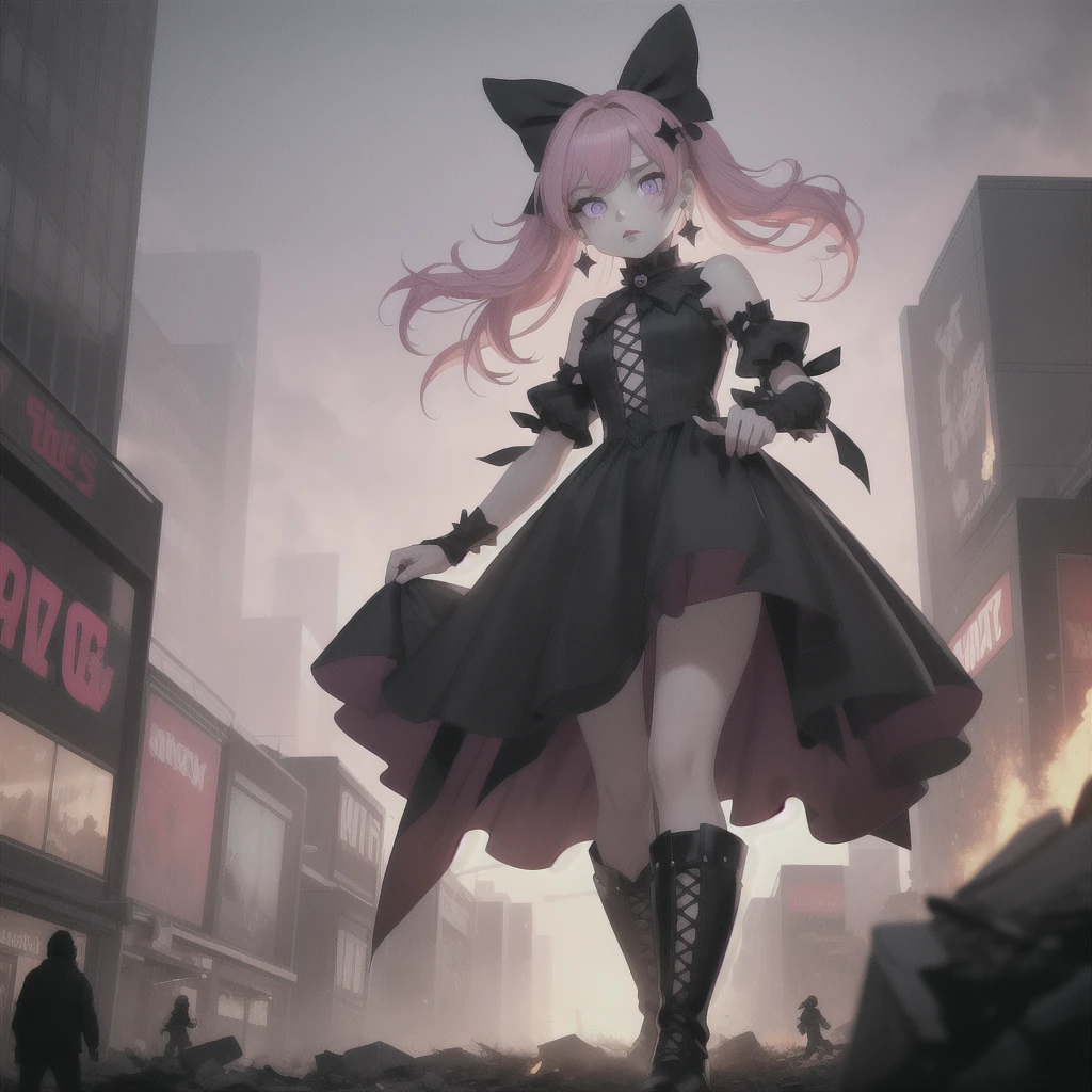 masterpiece, best quality, :/, pink hair, purple eyes, hair bow, scenery, outdoors, rampage, with tiny, tiny people, running away, scared, fire, smoke, red sky, ground view, from below, standing,goth,mall outfit,pentagram earrings,blaxk lipstick,obscured by fog,face obscured, platform boots,fingreless glives,hotopic outfit,secenmo hair style,cute but scary