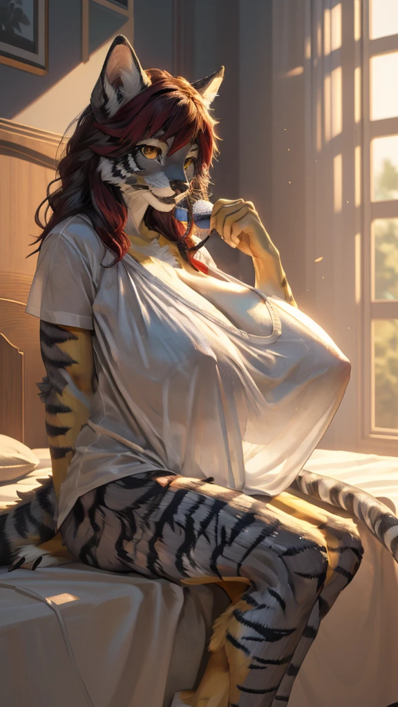 (best quality,4k,8k,highres,masterpiece:1.2),ultra-detailed,(realistic,photorealistic,photo-realistic:1.37), (anthro feline:1.3, anthro:1.3, furry:1.2, domestic cat:1.2), (gray fur, dark gray stripes:1.8), solo, female anthropomorphic feline, soft lighting, harsh shadows, bedroom, cat woman, wearing(oversized white nightshirt, see-through silhouette:1.5), (gigantic breasts:1.8), (hyper breasts, sagging breasts, resting breasts in lap:1.8), detailed face(well drawn eyes, yellow cat eyes, long eyelashes, thick bottom lip:1.6), dark red hair(short messy hair, very dark red hair:1.6), (thin waist:1.5), (wide hips:1.3), (athletic:1.4), (thin arms:1.4), (short stack:1.3), (thick thighs:1.3), (soft muscle:1.1), (dainty feet, slender hands, sharp nails: 1.3), sitting in bed ((sleepy, brushing hair)), brushing hair, hair brush, grooming, plantigrade