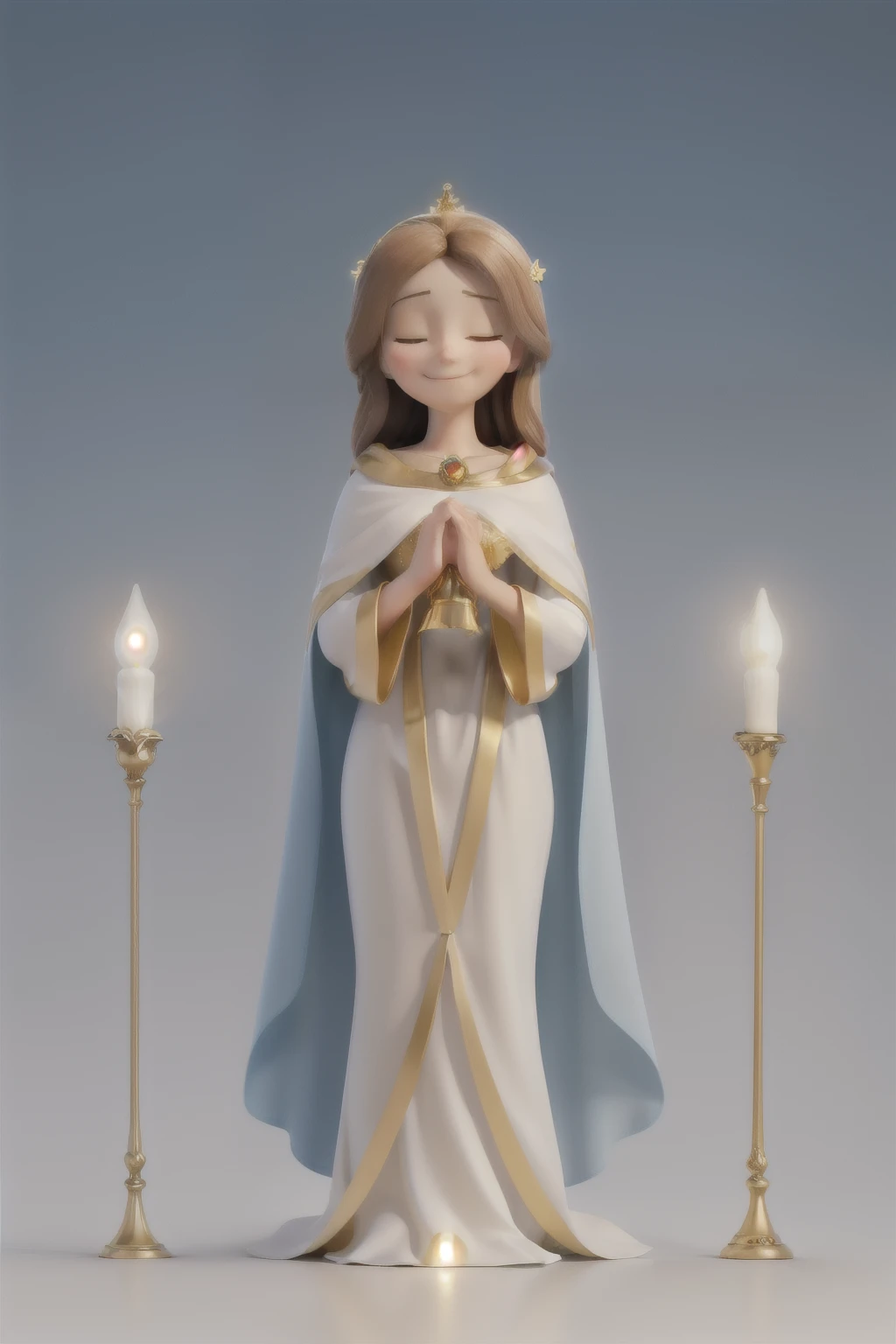 best qualityer, image with white background, virgin mary, with a golden halo over your head, looking sweetly and tenderly forward, hands together in sign of prayer, Grinning, brownhair, white cloak with light blue details, angels around you