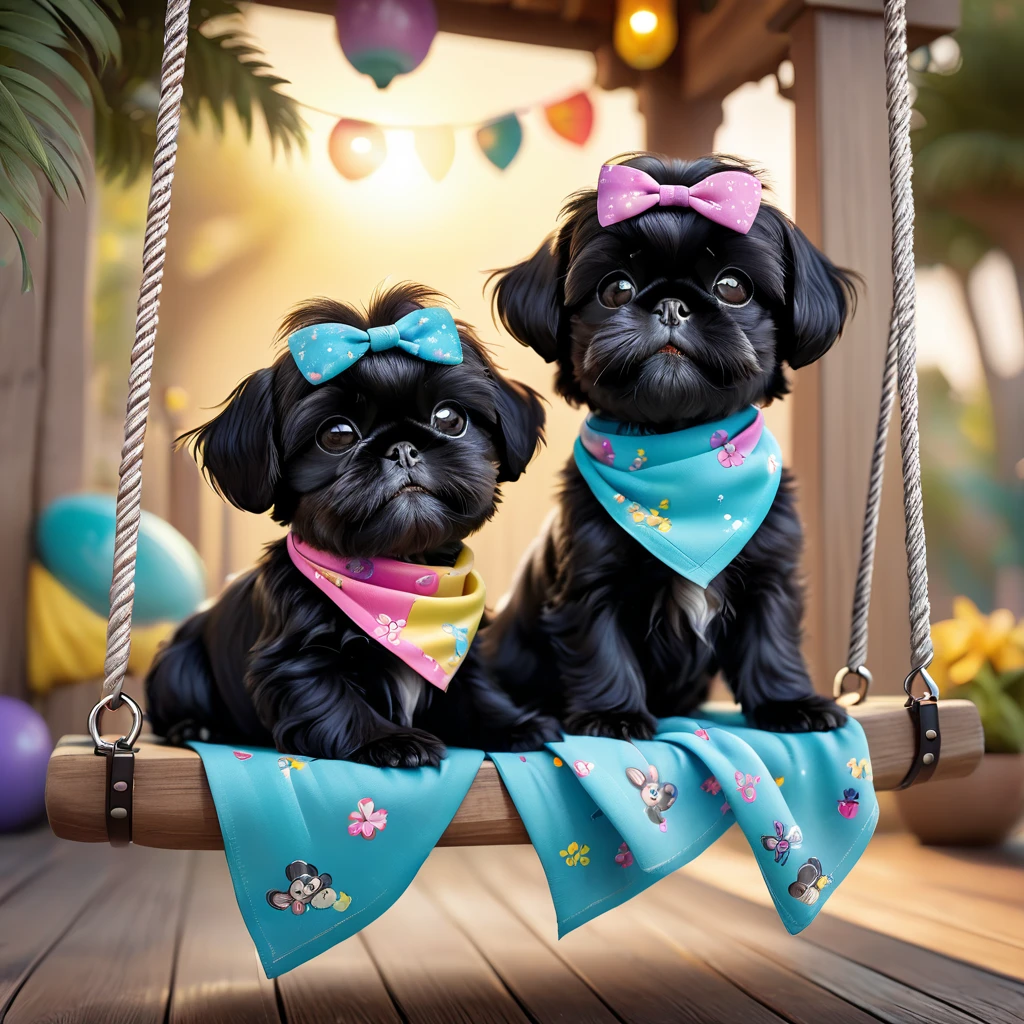 2 adorable small black shih tzu puppies, wearing bright bandanas and sunglasses, on a porch swing, disney cartoon style background, 3d render, disney pixar style, high quality, 8k, photorealistic, extremely detailed, vibrant colors, soft lighting, adorable expressions, playful poses