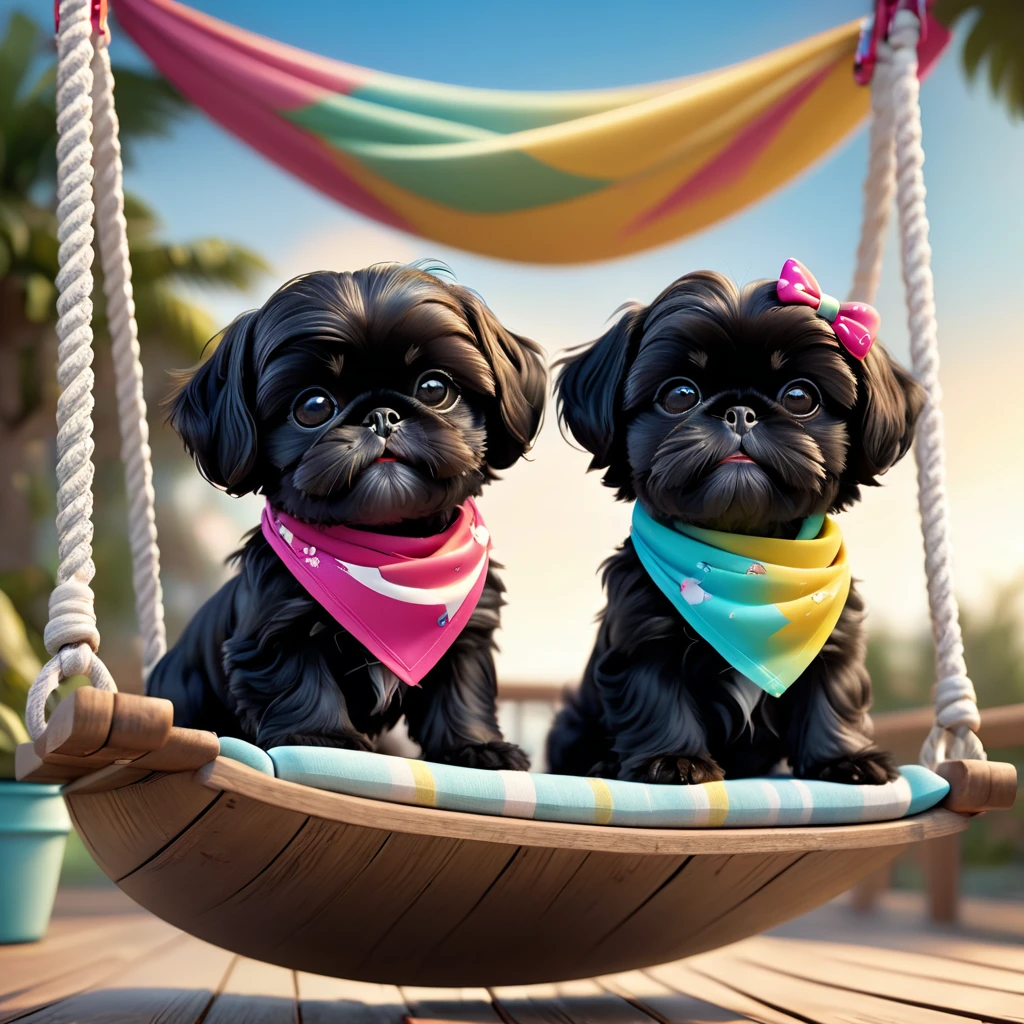 2 adorable small black shih tzu puppies, wearing bright bandanas and sunglasses, on a porch swing, disney cartoon style background, 3d render, disney pixar style, high quality, 8k, photorealistic, extremely detailed, vibrant colors, soft lighting, adorable expressions, playful poses