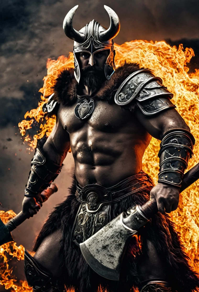 Ares warrior holding axe fire 