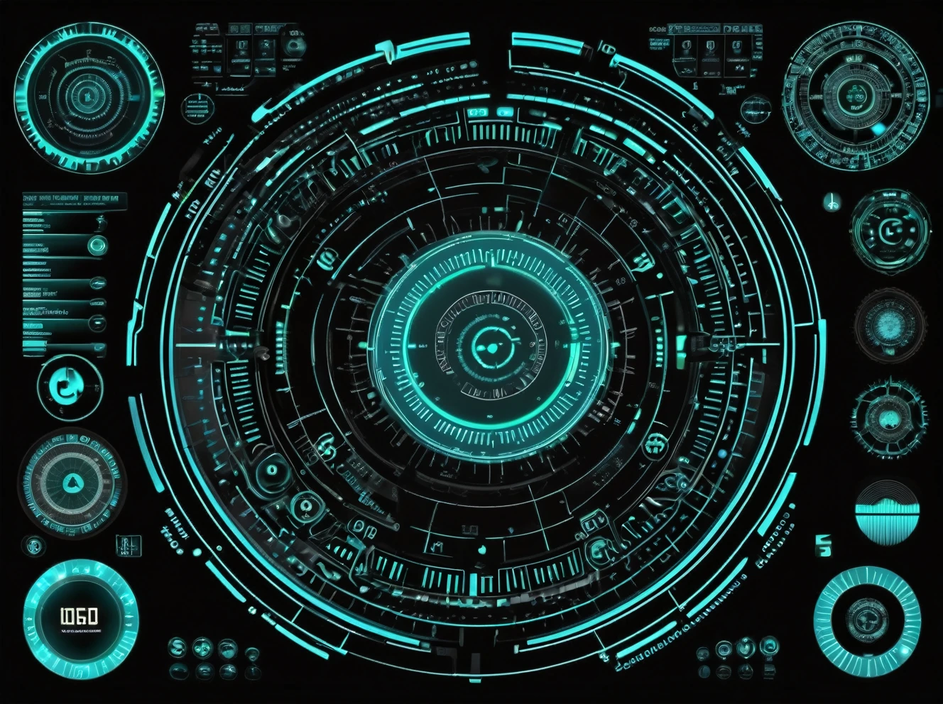 Generate a futuristic sci-fi HUD (Heads-Up Display) element. The HUD should have a circular design with glowing cyan lines and shapes on a black background. The design should feature concentric circles, various geometric patterns, and dynamic segments, with elements that resemble rotating gears, radar screens, or intricate technological circuits. The overall look should be sleek and modern, evoking a high-tech, digital interface used in advanced spacecraft or high-tech equipment, zoom out, show the whole design