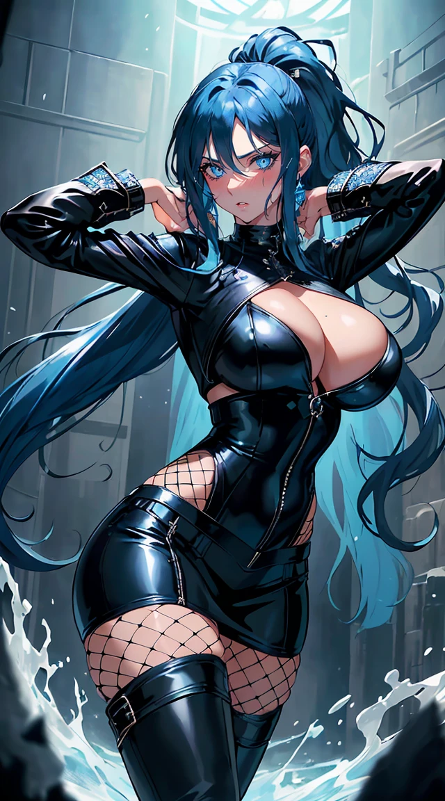 handsome older WOMAN,blue-eyes,blue pupils,Long blue hair,Hyperresolution,accuracy,Detailed rendering,(Subtle facial image)(Image of fine hair)(topquality)(Masterpieces of masters)(High degree of completeness)(A sense of atmosphere)tmasterpiece,Super detailed and super detailed(half-body portrait), long wavy blue hair, (((tHICK WAVY HAIR)))(((ANKLE LENGTH HAIR)))(((Blushing)))(((Huge breasts)))(((LARGER BREASTS))) large breasts, bigger breasts (((Bigger breasts))) (((Blushing))) (((Sakimichan))) (((blue hair))) (((black Rockstar outfit))) (((Leather black outfit))) (((Rockstar)))(((Fishnet tights)))(((cASUAL ROCK OUTFIT))) (((gRUNGE OUTFIT))) (((rOCK MAKEUP))) (((sINGING))) (((bLACK LEATHER OUTFIT))) (((bLACK EYELINER)))(((Fierce expression))) (((Focused))) (((Hair in a long ponytail))) (((Ponytail))) (((Sexy latex outfit)))(((Elf ears)))