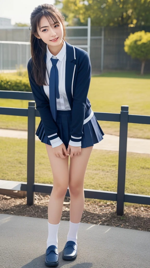 Mix 4, (16K, Raw photo, Best image quality, masterpiece: 1.45), (Realistic, Photorealistic: 1.37), One Girl, cute, Cityscape,, Professional Lighting, Photon Mapping, School classroom, Physically Based Rendering, Dark brown hair,Ponytail hairstyle, Beautiful, well-groomed eyes、((double eyelid))、Super cute girl, (((school uniform、blazer、Long-sleeved shirts worn by Japanese high school girls、Ribbon tie、Dark blue mini skirt,、Dark blue socks、Black Loafers))), Highest quality photos, High resolution, 1080P, (Clear Face), (Detailed face description), (Detailed hand description), (masterpiece), (Exquisite CGI)、Extreme light and shadow、Disheveled Hair、masterpiece、Rich details、(Beautiful Faces)、(Highest quality photoasseter muscle area)、(Detailed eyes)、Look in front of you、Thin clavicle、((Slim and large))、(((Japanese female students are wearing jackets and long-sleeved shirts)))、((Pure Idol))、((school gate、Schoolyard、School building in the background))、(Shot from random perspectives)、(((とにかくcute)))、耳Nipple Ring、Big smile、Drawing the whole body from the knees、No nasolabial folds、(((Sports bags used by Japanese female students)))、(Large saggy breasts:1.2)、Firm big ass、Two arms and two legs、(((from the front:0.7)))、bare hands、(((Symmetrical eyes)))、Standing pose、Place your hands on the desk、Please do not remove the tie from the jacket、Keep your butt up:1.5,Naked:1.5,