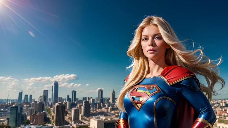 a beautiful blonde woman with long hair and blue eyes,1girl,supergirl costume,posing for a photo on top of a building,sky,cityscape,sunlight,vibrant colors,highly detailed,photorealistic,8k,masterpiece,elegant,dynamic pose,heroic,powerful,striking