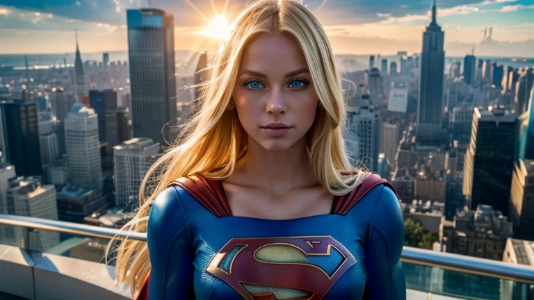 a beautiful blonde woman with long hair and blue eyes,1girl,supergirl costume,posing for a photo on top of a building,sky,cityscape,sunlight,vibrant colors,highly detailed,photorealistic,8k,masterpiece,elegant,dynamic pose,heroic,powerful,striking