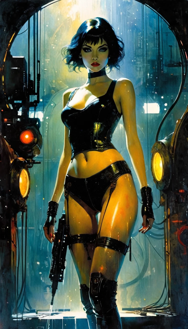 (highly detailed,cinematic lighting,dramatic colors,intricate machinery,futuristic technology,epic scale,moody atmosphere,sexy girl in scene, dark and gritty,masterpiece,best quality,8k,photorealistic,professional) (art inspired in Bill Sienkiewicz). oil painting)