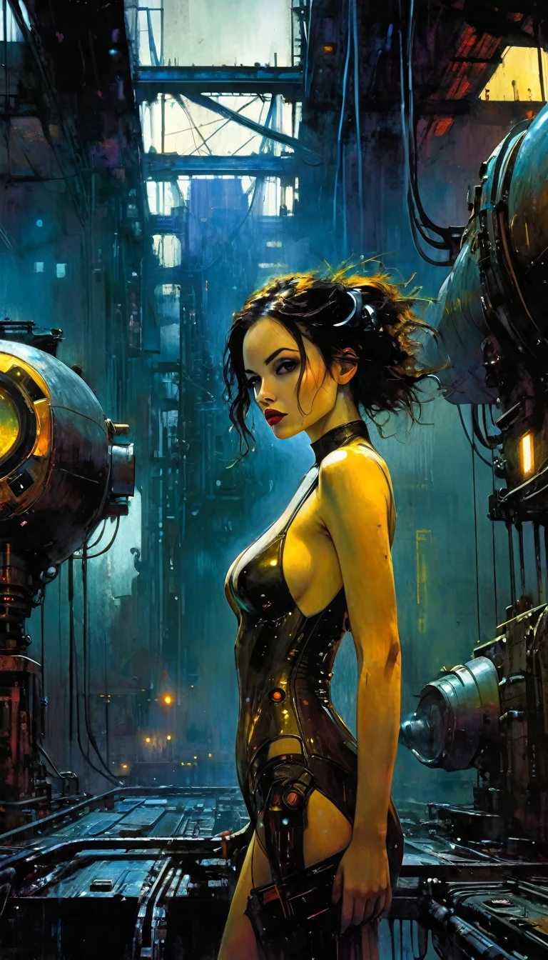 (highly detailed,cinematic lighting,dramatic colors,intricate machinery,futuristic technology,epic scale,moody atmosphere,sexy girl in scene, dark and gritty,masterpiece,best quality,8k,photorealistic,professional) (art inspired in Bill Sienkiewicz). oil painting)
