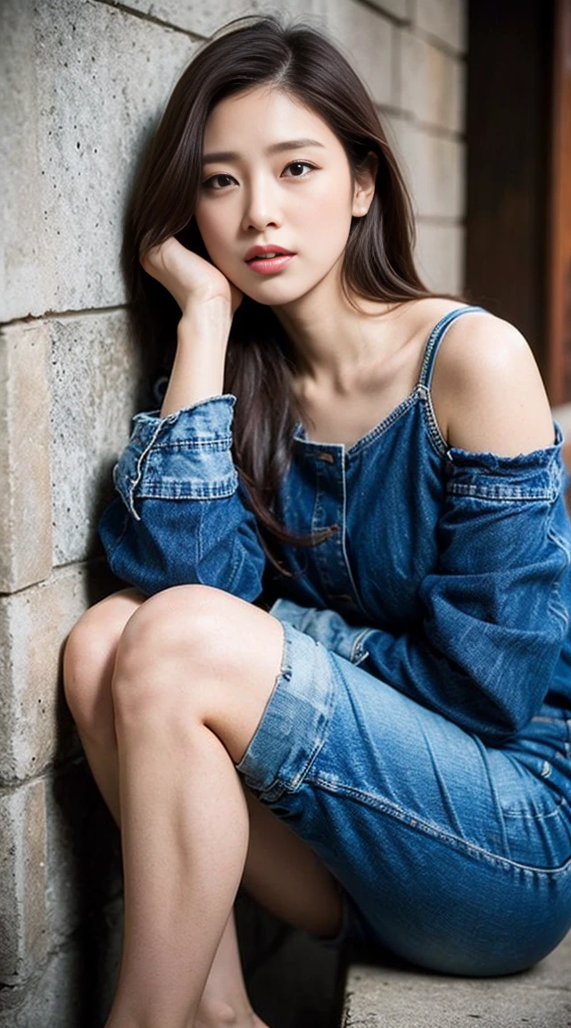 Dark brown hair、Light brown eyes、Japanese actress、 Lady、I40歳くらいです.、(Intricate details:1.2)、(Which is the top?????:1.4)、 (Ultra-high resolution:1.2)、Ultra-high resolution、(Finely tuned)、(Detailed facial features)、Hmph、8K resolution、D cup size breasts、Long Hair、Enjoying the sun and shade in Los Angeles、relax、、,Full body photo、Head to toe shot、Beautiful feet、camisole、Denim pants、Blackpink Jenny I、Take this photo、Beautiful feet、she, Fashion Hub, Attention to detail, Very detailed, Realistic, Hourglass Shaped Body, Obscene pose,Leaning against a wall、Place your head against the wall and lift your chin slightly...........、Poses that make you feel weak、Are crying、Deep sorrow、My eyes and cheeks are wet with tears、