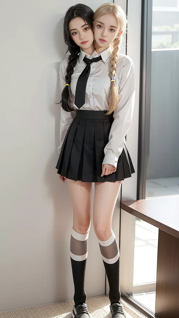 best resolution, 2 heads, Australian model girl two heads, 19 years old, youthful, wearing a white shirt and black skirt posing for a picture, teenage female, wearing a skirt and high socks, wearing, white shirt and grey skirt, girl wearing a uniform, knee high socks, school girl, dressed magical school student uniform, braided hair, blonde hair, red hair, black hair, different hair colors, full body shot