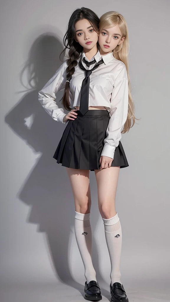 best resolution, 2 heads, Australian model girl two heads, 19 years old, youthful, wearing a white shirt and black skirt posing for a picture, teenage female, wearing a skirt and high socks, wearing, white shirt and grey skirt, girl wearing a uniform, knee high socks, school girl, dressed magical school student uniform, braided hair, blonde hair, red hair, black hair, different hair colors, full body shot