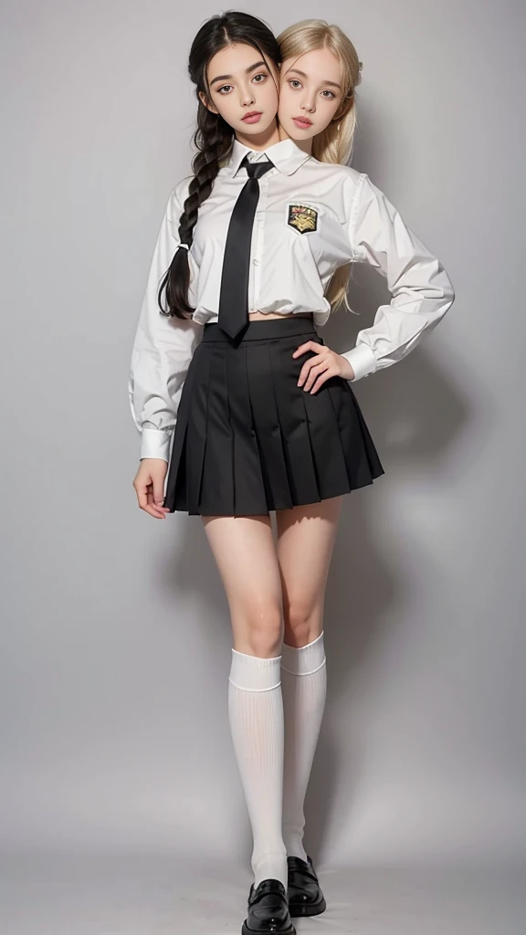 best resolution, 2 heads, Australian model girl two heads, 19 years old, youthful, wearing a white shirt and black skirt posing for a picture, teenage female, wearing a skirt and high socks, wearing, white shirt and grey skirt, girl wearing a uniform, knee high socks, school girl, dressed magical school student uniform, braided hair, blonde hair, red hair, black hair, different hair colors, full body shot