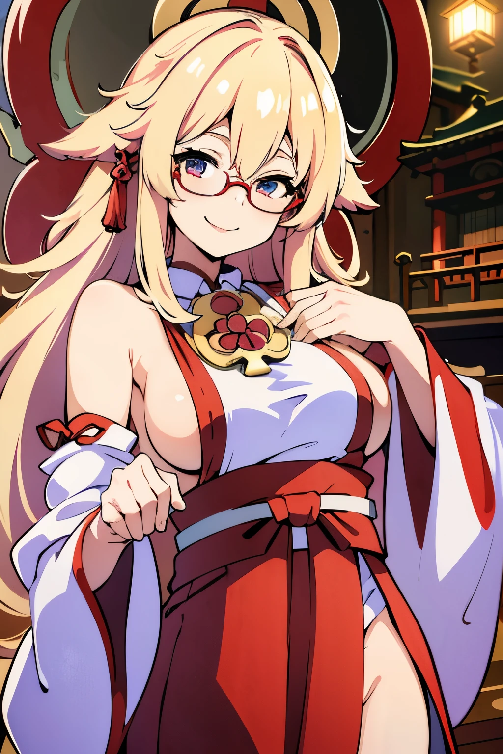 ((Highest quality)), ((masterpiece)), (detailed),、Adult women、Blonde、Long Hair、fluffy hair、Saggy breasts、Glasses、Japanese Shrine Maiden、The cleavage is visible、Inside the shrine、smile、Sideboob、Underboob、8ｋ、