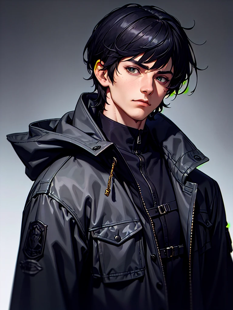 ((Portrait)), He has a Stoic and Nonchalant Appearance, with Youthful Charm and a Slim, Slightly Fit Build. He Expresses an Indifferent and Lazy Look, Giving Off a Carefree Attitude. He has Light Gray Eyes, His Hair is Short and Tousled, Jet Black, with Uneven Bangs. He Wears a Black Street Coat, with a Hood and Tactical Straps. ((Portrait, HDR, Dark Background))