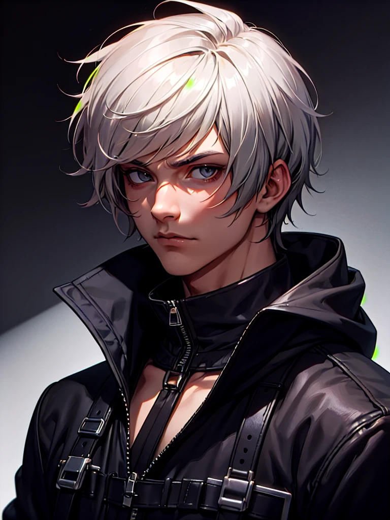 ((Portrait)), He has a Stoic and Nonchalant Appearance, with Youthful Charm and a Slim, Slightly Fit Build. He Expresses an Indifferent and Lazy Look, Giving Off a Carefree Attitude. He has Light Gray Eyes, His Hair is Short and Tousled, Jet Black, with Uneven Bangs. He Wears a Black Street Coat, with a Hood and Tactical Straps. ((Portrait, HDR, Dark Background))