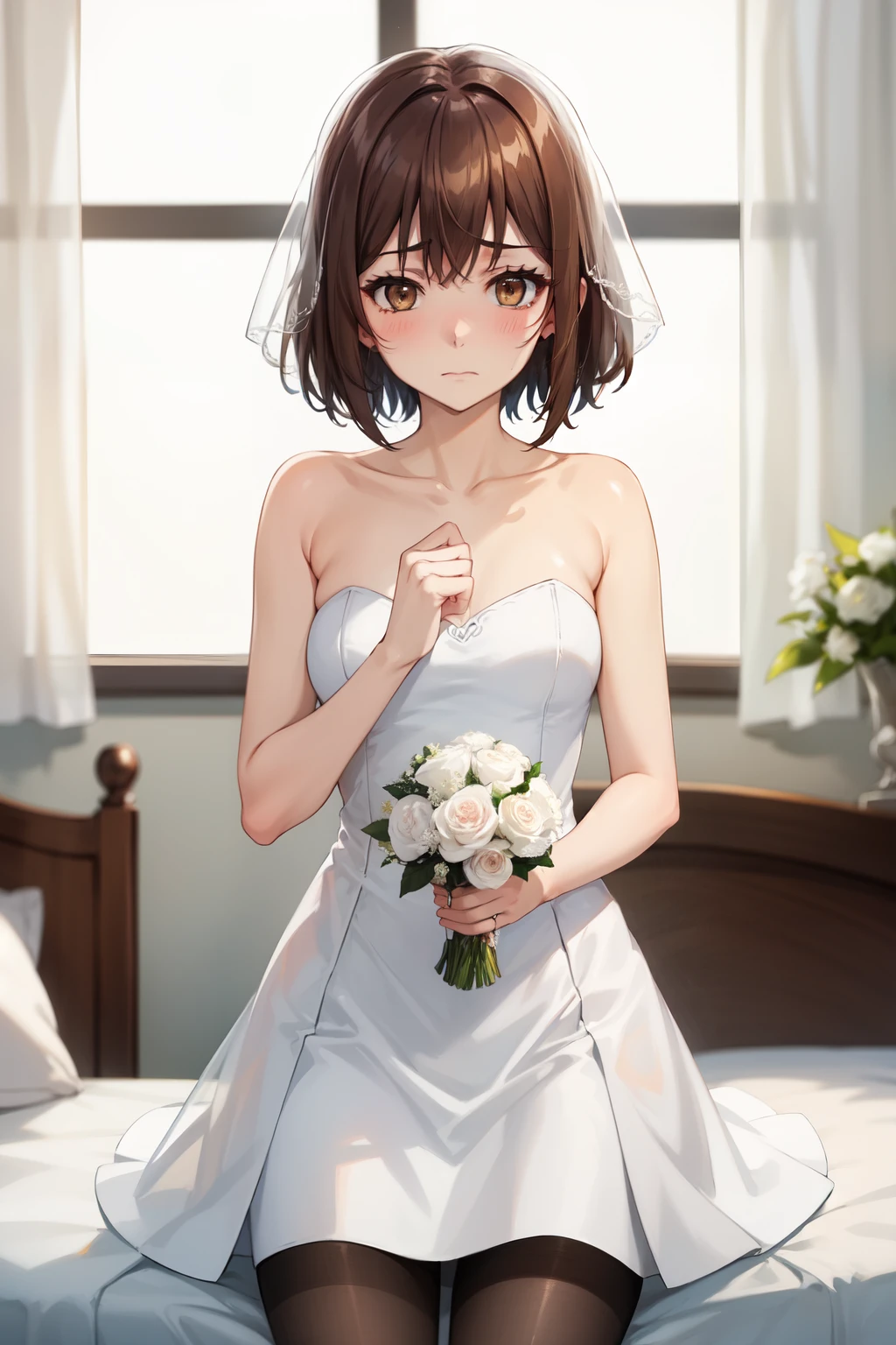 Highest quality, (masterpiece:1.2), Very detailed, 
One girl, alone,
View your viewers, Embarrassed expression, Medium chest, 
Brown eyes, Brown Hair, short hair, Wedding dress、pantyhose、Bedroom