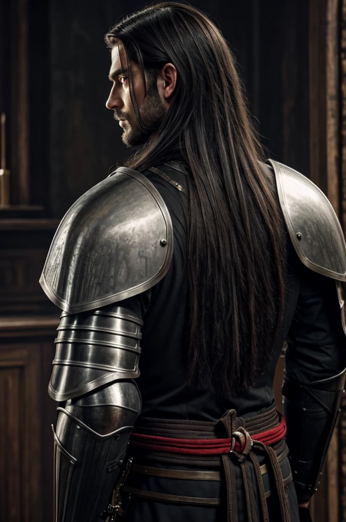 Handsome knight, masculine features, dark and deep gaze, stoic demeanor, straight white long hair, broad back and shoulders, red pupil eyes