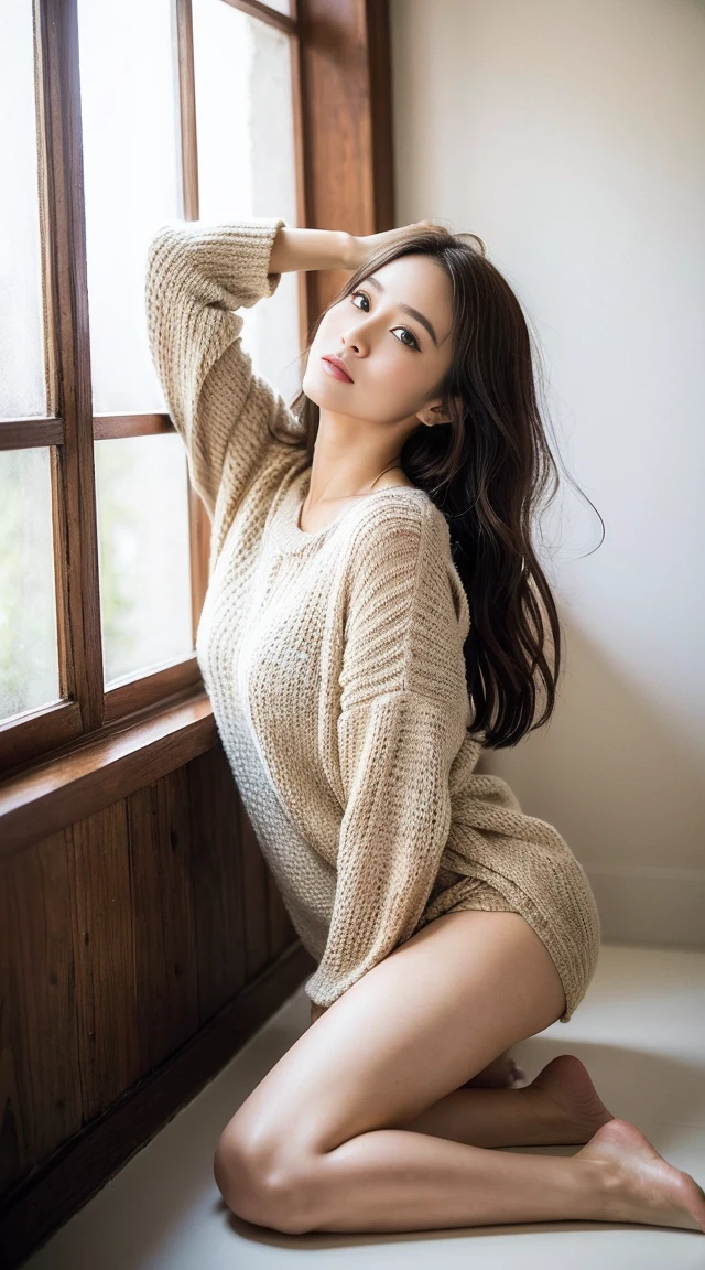 Dark brown hair、Light brown eyes、Japanese actress、 Lady、I am about 40 years old...、(Intricate details:1.2)、(Which is the top???:1.4)、 (Ultra-high resolution:1.2)、Ultra-high resolution、(Finely tuned)、(Detailed facial features)、Hmph、8K resolution、D cup size breasts、Long Hair、Bright bathroom with sunlight shining in、Large windows、Extravagant space、relax、、,Full body photo、Head to toe shot、Beautiful feet、Summer knitwear、Beautiful feet、A refreshing room filled with sunlight、she, household items, (plant:0.8), Fashion Hub, Attention to detail, Very detailed, Realistic, Hourglass Shaped Body, Obscene pose,、、私 cry a lot、tears、person on the left、White wall、White floor、diagonally from below、Please lift your chin、Lean forward and place your butt against the wall、relaxした表情、Pose of Weakness、