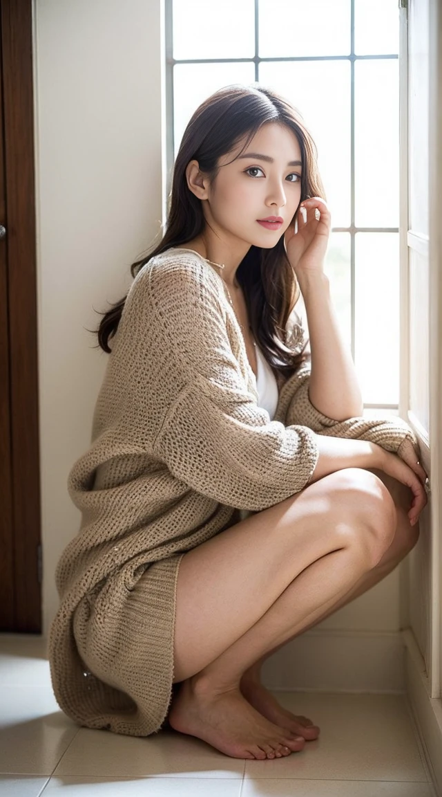 Dark brown hair、Light brown eyes、Japanese actress、 Lady、I am about 40 years old...、(Intricate details:1.2)、(Which is the top???:1.4)、 (Ultra-high resolution:1.2)、Ultra-high resolution、(Finely tuned)、(Detailed facial features)、Hmph、8K resolution、D cup size breasts、Long Hair、Bright bathroom with sunlight shining in、Large windows、Extravagant space、relax、、,Full body photo、Head to toe shot、Beautiful feet、Summer knitwear、Beautiful feet、A refreshing room filled with sunlight、she, household items,   (plant:0.8), Fashion Hub, Attention to detail, Very detailed, Realistic, Hourglass Shaped Body, Obscene pose,、、私 cry a lot、tears、person on the left、White wall、White floor、diagonally from below、Please lift your chin、Lean forward and place your butt against the wall、relaxした表情、Pose of Weakness、