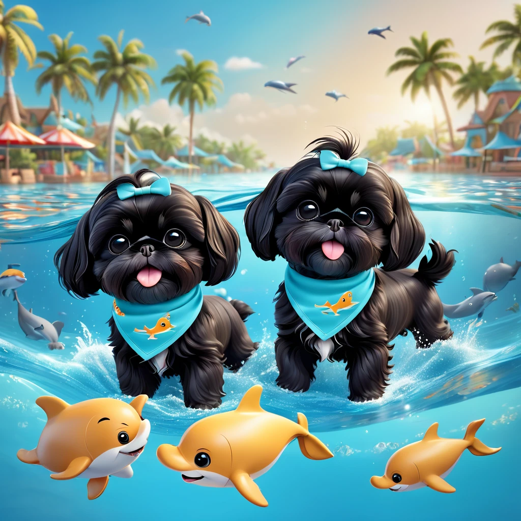 2 Adorable small black Shih Tzu puppies wearing bright bandannas sunglasses swimming with dolphins Disney background 3d cartoon 3d render disney pixar style