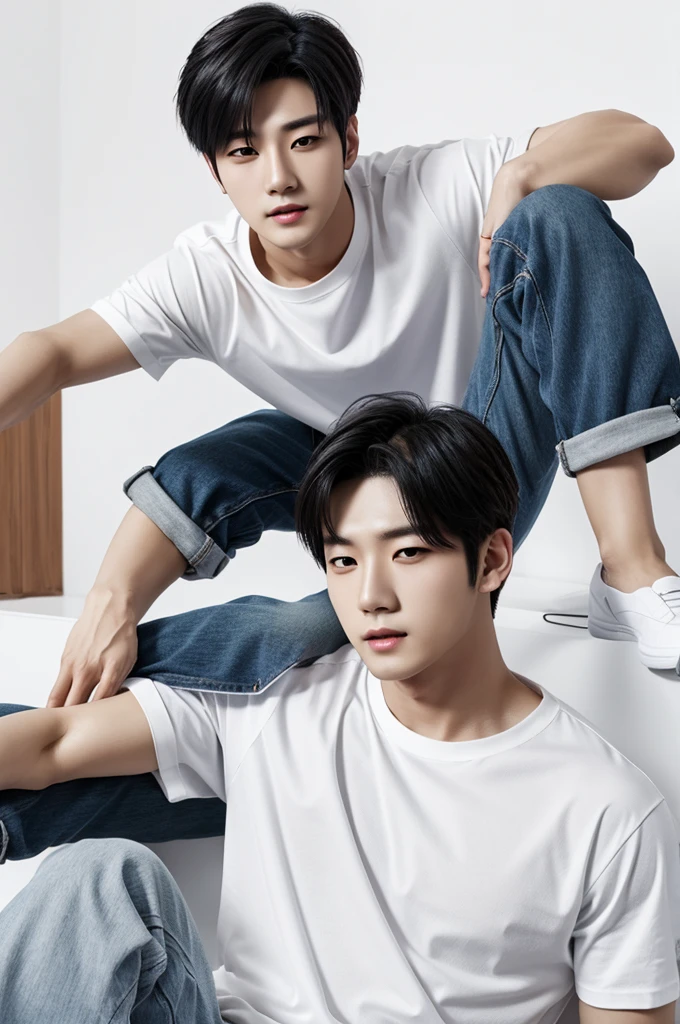 generate realistic image of 7 asian kpop idol boys with white t-shirts and jeans and grayish white background