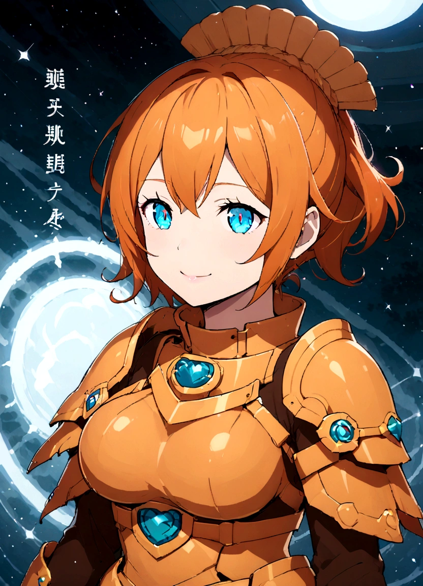 adult stone, sun orange hair, Blue eyes, big breasts, armor, Guerrero, beautiful face, beautiful smile