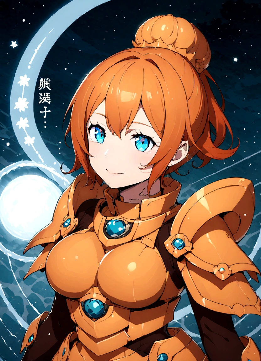 adult stone, sun orange hair, Blue eyes, big breasts, armor, Guerrero, beautiful face, beautiful smile