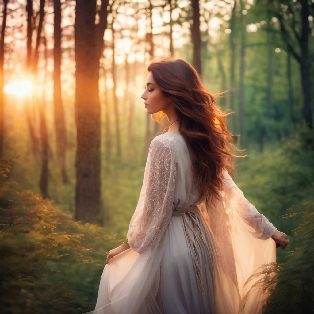 Beautiful mystical woman with brown hair, in a beautiful forest enjoying the sunset