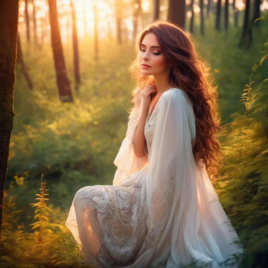 Beautiful mystical woman with brown hair, in a beautiful forest enjoying the sunset