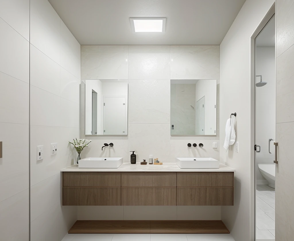 A minimalist Muji style bathroom with a flat ceiling and evenly spaced recessed downlights providing soft, even illumination. The bathroom features a neutral color palette with soft beige and natural wood tones. A wall-mounted wooden vanity with a white marble countertop is paired with a rectangular black-framed mirror above it. Below the vanity, a black metal frame holds a small basket for storage. The toilet is centrally placed, with a simple, modern design. Above it, a floating shelf provides storage space for towels and toiletries. The shower area is separated by a clear glass partition and features a modern rainfall showerhead. The walls and floor are tiled in large, matte tiles that match the neutral tones of the room, creating a clean and serene atmosphere. ((8k)), high quality detail, minimalist design, neutral color palette, natural materials, clean lines, serene and functional, modern Japanese aesthetic, wall-mounted vanity, white marble countertop, rectangular black-framed mirror, floating shelf, clear glass partition, rainfall showerhead, large matte tiles, recessed downlights, flat ceiling.
