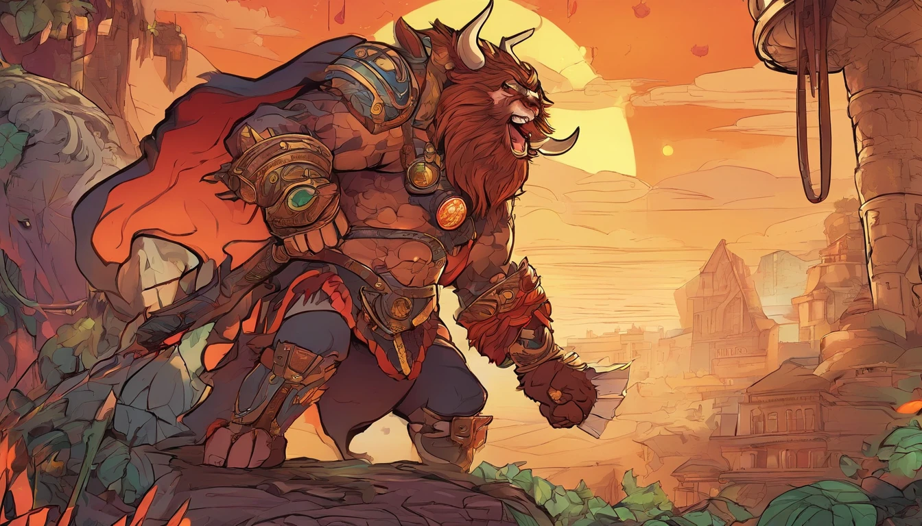 Ancient anime style, artbook, comicbook, RPG, futuristic medieval, steampunk.  A fiery minotaur magic dwarf warrior, wearing battle armor with glowing magic markings, dynamic pose, full body, human face with glowing magic tribal tattoos with warm tones, minotaur features, ruby ​​horns with glowing magic markings, minitaur tail , magical red stone skin with glowing carved marks, glowing eyes, using a technological magic long ax with glowing magic circuits.  In a metropolis of a kingdom of an ancient civilization of dwarves with advanced technology, with tall buildings with neon details, mixing technology with magical vegetation, steampunk.  Wide scenery, cinematic scene with several layers of depth, dynamics, magical lighting.