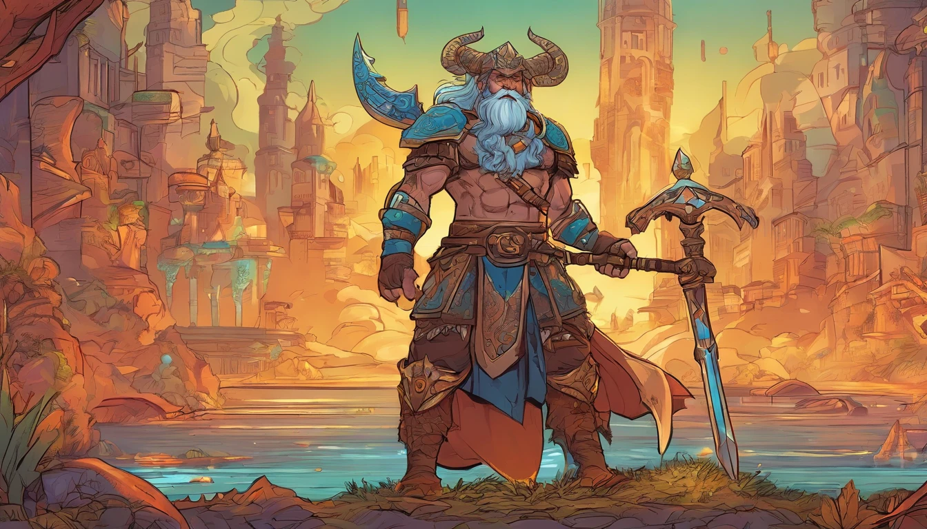Ancient anime style, artbook, comicbook, RPG, futuristic medieval, steampunk.  A fiery minotaur magic dwarf warrior, wearing battle armor with glowing magic markings, dynamic pose, full body, human face with glowing magic tribal tattoos with warm tones, minotaur features, ruby ​​horns with glowing magic markings, minitaur tail , magical red stone skin with glowing carved marks, glowing eyes, using a technological magic long ax with glowing magic circuits.  In a metropolis of a kingdom of an ancient civilization of dwarves with advanced technology, with tall buildings with neon details, mixing technology with magical vegetation, steampunk.  Wide scenery, cinematic scene with several layers of depth, dynamics, magical lighting.
