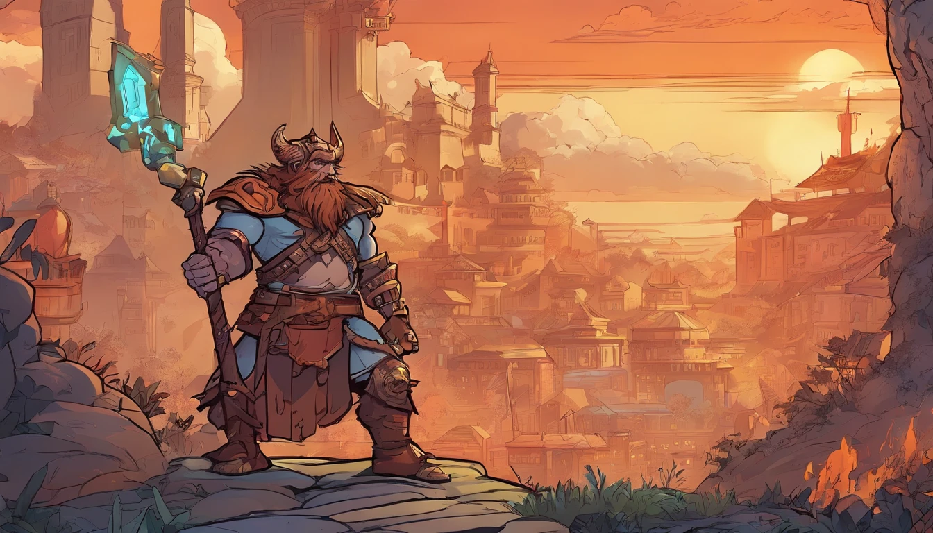 Ancient anime style, artbook, comicbook, RPG, futuristic medieval, steampunk.  A fiery minotaur magic dwarf warrior, wearing battle armor with glowing magic markings, dynamic pose, full body, human face with glowing magic tribal tattoos with warm tones, minotaur features, ruby ​​horns with glowing magic markings, minitaur tail , magical red stone skin with glowing carved marks, glowing eyes, using a technological magic long ax with glowing magic circuits.  In a metropolis of a kingdom of an ancient civilization of dwarves with advanced technology, with tall buildings with neon details, mixing technology with magical vegetation, steampunk.  Wide scenery, cinematic scene with several layers of depth, dynamics, magical lighting.