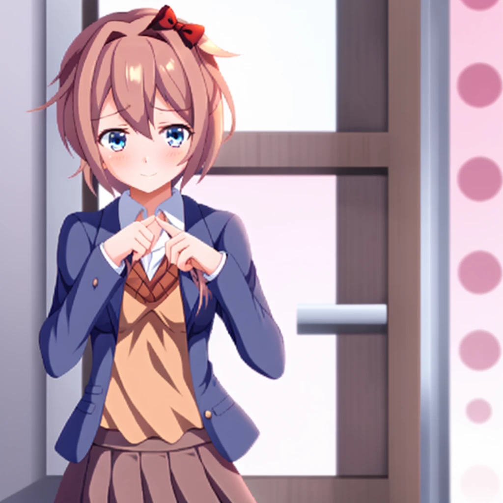 one girl, Sayori, DDLC, school blazer, hair bow, close to girl, light blue eyes, beautiful, index finders together, ashamed, blush, upward glance, dry smile, index finders, shifty eyes
