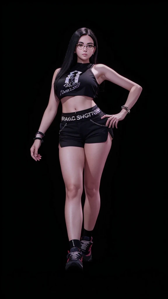 A beautiful girl in full body, with prescription glasses, com cropped preto, with black shorts, with straight black hair.