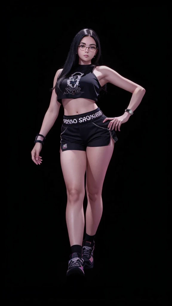 A beautiful girl in full body, with prescription glasses, com cropped preto, with black shorts, with straight black hair.