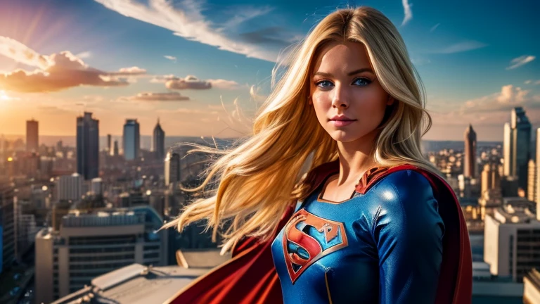 a beautiful blonde woman with long hair and blue eyes,1girl,supergirl costume,posing for a photo on top of a building,sky,cityscape,sunlight,vibrant colors,highly detailed,photorealistic,8k,masterpiece,elegant,dynamic pose,heroic,powerful,striking