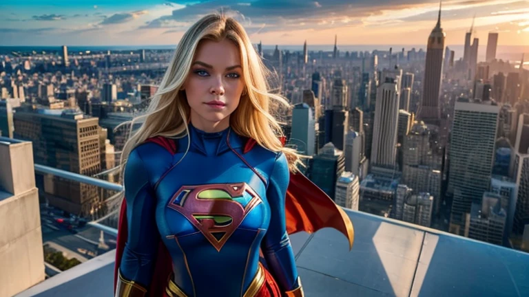 a beautiful blonde woman with long hair and blue eyes,1girl,supergirl costume,posing for a photo on top of a building,sky,cityscape,sunlight,vibrant colors,highly detailed,photorealistic,8k,masterpiece,elegant,dynamic pose,heroic,powerful,striking